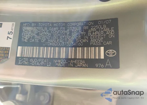 2007 Toyota Prius from USA, damaged, VIN JTDKB20U373234160